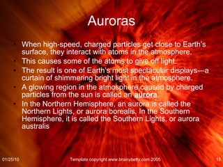 Auroras When high-speed, charged particles get close to Earth’s surface, they interact with atoms in the atmosphere.  This causes some of the atoms to give off light.  The result is one of Earth’s most spectacular displays—a curtain of shimmering bright light in the atmosphere.  A glowing region in the atmosphere caused by charged particles from the sun is called an  aurora .  In the Northern Hemisphere, an aurora is called the Northern Lights, or aurora borealis. In the Southern Hemisphere, it is called the Southern Lights, or aurora australis  01/25/10 Template copyright www.brainybetty.com 2005 