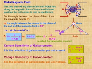 Lamp
Scale
Radial Magnetic Field:
N S
B
P
S
The (top view PS of) plane of the coil PQRS lies
along the magnetic lines of force in whichever
position the coil comes to rest in equilibrium.
So, the angle between the plane of the coil and
the magnetic field is 0°.
or the angle between the normal to the plane of
the coil and the magnetic field is 90°.
i.e. sin Φ = sin 90° = 1
I =
k
N A B
α or I = G α
k
N A B
where G =
is called Galvanometer constant
Current Sensitivity of Galvanometer:
It is the defection of galvanometer per unit current. k
N A B
I
α
=
Voltage Sensitivity of Galvanometer:
It is the defection of galvanometer per unit voltage. kR
N A B
V
α
=
Mirror
2α
 
