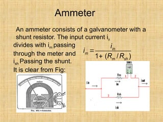 Ammeter
An ammeter consists of a galvanometer with a
shunt resistor. The input current iin
divides with im passing
through the meter and
ish Passing the shunt.
It is clear from Fig:
1 ( / )
in
m
m sh
i
i
R R
=
+
 