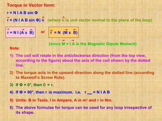Note:
1) The coil will rotate in the anticlockwise direction (from the top view,
according to the figure) about the axis of the coil shown by the dotted
line.
2) The torque acts in the upward direction along the dotted line (according
to Maxwell’s Screw Rule).
3) If Φ = 0°, then ‫ז‬=0 .
4) If Φ = 90°, then ‫ז‬ is maximum. i.e. ‫ז‬ max = N I A B
5) Units: B in Tesla, I in Ampere, A in m2
and ‫ז‬ in Nm.
6) The above formulae for torque can be used for any loop irrespective of
its shape.
or
(since M = I A is the Magnetic Dipole Moment)
‫ז‬ = N I (A x B) ‫ז‬ = N (M x B)
Torque in Vector form:
‫ז‬ = N I A B sin Φ
‫ז‬ = (N I A B sin Φ) n (where n is unit vector normal to the plane of the loop)
 