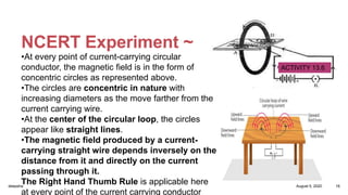 NCERT Experiment ~
ACTIVITY 13.6
•At every point of current-carrying circular
conductor, the magnetic field is in the form of
concentric circles as represented above.
•The circles are concentric in nature with
increasing diameters as the move farther from the
current carrying wire.
•At the center of the circular loop, the circles
appear like straight lines.
•The magnetic field produced by a current-
carrying straight wire depends inversely on the
distance from it and directly on the current
passing through it.
The Right Hand Thumb Rule is applicable here
at every point of the current carrying conductor
August 5, 2020deepsha 16
 