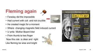 Fleming again
• Faraday did the impossible
• Had current with coil and not crucible
• He created magic for a moment
• Where changing magnetic field induced current
• U write Mother Board Inter
• From thumb to two finger
Now this rule is clear and right
Like fleming be wise and bright
August 5, 2020deepsha 26
 