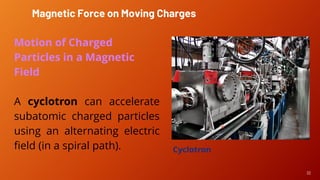 32
Motion of Charged
Particles in a Magnetic
Field
A cyclotron can accelerate
subatomic charged particles
using an alternating electric
field (in a spiral path).
Magnetic Force on Moving Charges
Cyclotron
 