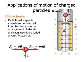 Applications of motion of charged particles Velocity Selector Particles of a specific speed can be selected from the beam using an arrangement of electric and magnetic fields called a  velocity selector. 
