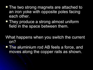 The two strong magnets are attached to an iron yoke with opposite poles facing each other. They produce a strong almost uniform field in the space between them. What happens when you switch the current on? The aluminium rod AB feels a force, and moves along the copper rails as shown. 