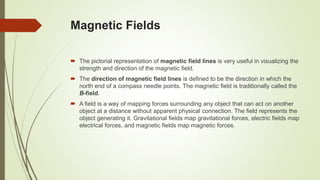 Magnetic Fields
 The pictorial representation of magnetic field lines is very useful in visualizing the
strength and direction of the magnetic field.
 The direction of magnetic field lines is defined to be the direction in which the
north end of a compass needle points. The magnetic field is traditionally called the
B-field.
 A field is a way of mapping forces surrounding any object that can act on another
object at a distance without apparent physical connection. The field represents the
object generating it. Gravitational fields map gravitational forces, electric fields map
electrical forces, and magnetic fields map magnetic forces.
 