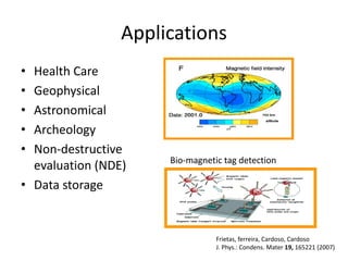 Applications
•
•
•
•
•

Health Care
Geophysical
Astronomical
Archeology
Non-destructive
evaluation (NDE)
• Data storage

Bio-magnetic tag detection

Frietas, ferreira, Cardoso, Cardoso
J. Phys.: Condens. Mater 19, 165221 (2007)

 