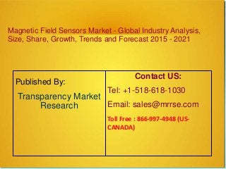 Magnetic Field Sensors Market - Global Industry Analysis,
Size, Share, Growth, Trends and Forecast 2015 - 2021
Published By:
Transparency Market
Research
Contact US:
Tel: +1-518-618-1030
Email: sales@mrrse.com
Toll Free : 866-997-4948 (US-
CANADA)
 