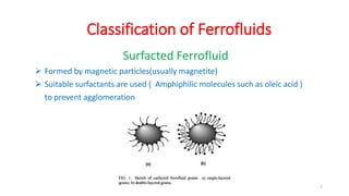 Classification of Ferrofluids
Surfacted Ferrofluid
 Formed by magnetic particles(usually magnetite)
 Suitable surfactants are used ( Amphiphilic molecules such as oleic acid )
to prevent agglomeration
7
 