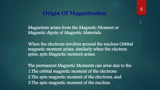 Magnetism arises from the Magnetic Moment or
Magnetic dipole of Magnetic Materials.
 When the electrons revolves around the nucleus Orbital
magnetic moment arises, similarly when the electron
spins, spin Magnetic moment arises.
 The permanent Magnetic Moments can arise due to the
1.The orbital magnetic moment of the electrons
2.The spin magnetic moment of the electrons, and
3.The spin magnetic moment of the nucleus.
Origin Of Magnetisation
9
 