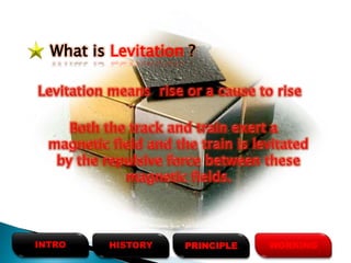 HISTORYINTRO PRINCIPLE WORKING
What is Levitation ?
 
