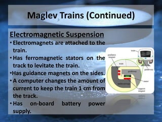 Maglev Trains (Continued)
Electromagnetic Suspension
• Electromagnets are attached to the
train.
• Has ferromagnetic stators on the
track to levitate the train.
•Has guidance magnets on the sides.
• A computer changes the amount of
current to keep the train 1 cm from
the track.
• Has on-board battery power
supply.
 