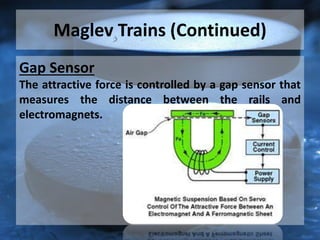 Maglev Trains (Continued)
Gap Sensor
The attractive force is controlled by a gap sensor that
measures the distance between the rails and
electromagnets.
 