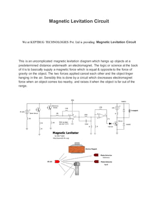 Magnetic Levitation Circuit
We at KEPTBUG TECHNOLOGIES Pvt. Ltd is providing Magnetic Levitation Circuit
This is an uncomplicated magnetic levitation diagram which hangs up objects at a
predetermined distance underneath an electromagnet. The logic or science at the back
of it is to basically supply a magnetic force which is equal & opposite to the force of
gravity on the object. The two forces applied cancel each other and the object linger
hanging in the air. Sensibly this is done by a circuit which decreases electromagnet
force when an object comes too nearby, and raises it when the object is far out of the
range.
 