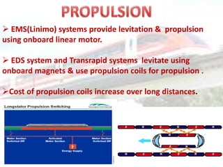  EMS(Linimo) systems provide levitation & propulsion
using onboard linear motor.

 EDS system and Transrapid systems levitate using
onboard magnets & use propulsion coils for propulsion .

Cost of propulsion coils increase over long distances.
 