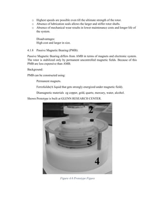 o Highest speeds are possible even till the ultimate strength of the rotor.
o Absence of lubrication seals allows the larger and stiffer rotor shafts.
o Absence of mechanical wear results in lower maintenance costs and longer life of
the system.
Disadvantages:
High cost and larger in size.
4.1.8 Passive Magnetic Bearing (PMB):
Passive Magnetic Bearing differs from AMB in terms of magnets and electronic system.
The rotor is stabilized only by permanent uncontrolled magnetic fields. Because of this
PMB are less expensive than AMB.
Background:
PMB can be constructed using:
Permanent magnets.
Ferrofuilds(A liquid that gets strongly energized under magnetic field).
Diamagnetic materials eg copper, gold, quartz, mercury, water, alcohol.
Shown Prototype is built at GLENN RESEARCH CENTER.
Figure 4.6 Prototype Figure
 