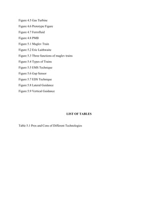 Figure 4.5 Gas Turbine
Figure 4.6 Prototype Figure
Figure 4.7 Ferrofluid
Figure 4.8 PMB
Figure 5.1 Maglev Train
Figure 5.2 Eric Laithwaite
Figure 5.3 Three functions of maglev trains
Figure 5.4 Types of Trains
Figure 5.5 EMS Technique
Figure 5.6 Gap Sensor
Figure 5.7 EDS Technique
Figure 5.8 Lateral Guidance
Figure 5.9 Vertical Guidance
LIST OF TABLES
Table 5.1 Pros and Cons of Different Technologies
 