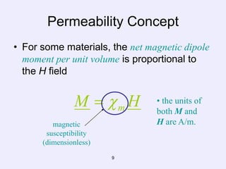 Permeability Concept
• For some materials, the net magnetic dipole
  moment per unit volume is proportional to
  the H field


               M  m H         • the units of
                                both M and
         magnetic               H are A/m.
       susceptibility
      (dimensionless)
                        9
 