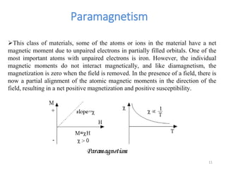 Paramagnetism
This class of materials, some of the atoms or ions in the material have a net
magnetic moment due to unpaired electrons in partially filled orbitals. One of the
most important atoms with unpaired electrons is iron. However, the individual
magnetic moments do not interact magnetically, and like diamagnetism, the
magnetization is zero when the field is removed. In the presence of a field, there is
now a partial alignment of the atomic magnetic moments in the direction of the
field, resulting in a net positive magnetization and positive susceptibility.
11
 