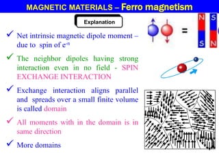 Explanation
MAGNETIC MATERIALS – Ferro magnetism
 Net intrinsic magnetic dipole moment –
due to spin of e-n
 The neighbor dipoles having strong
interaction even in no field - SPIN
EXCHANGE INTERACTION
 Exchange interaction aligns parallel
and spreads over a small finite volume
is called domain
 All moments with in the domain is in
same direction
 More domains
 
