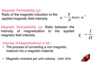 Magnetic Permeability (µ):
Ratio of the magnetic induction to the
applied magnetic field intensity
Magnetic Susceptibility (χ): Ratio between the
intensity of magnetization to the applied
magnetic field intensity
Intensity of Magnetization(I or M) :
• The process of converting a non magnetic
material into a magnetic material.
• Magnetic moment per unit volume.. Unit- A/m
=
B
H
henry m
1
=
I
H
 
