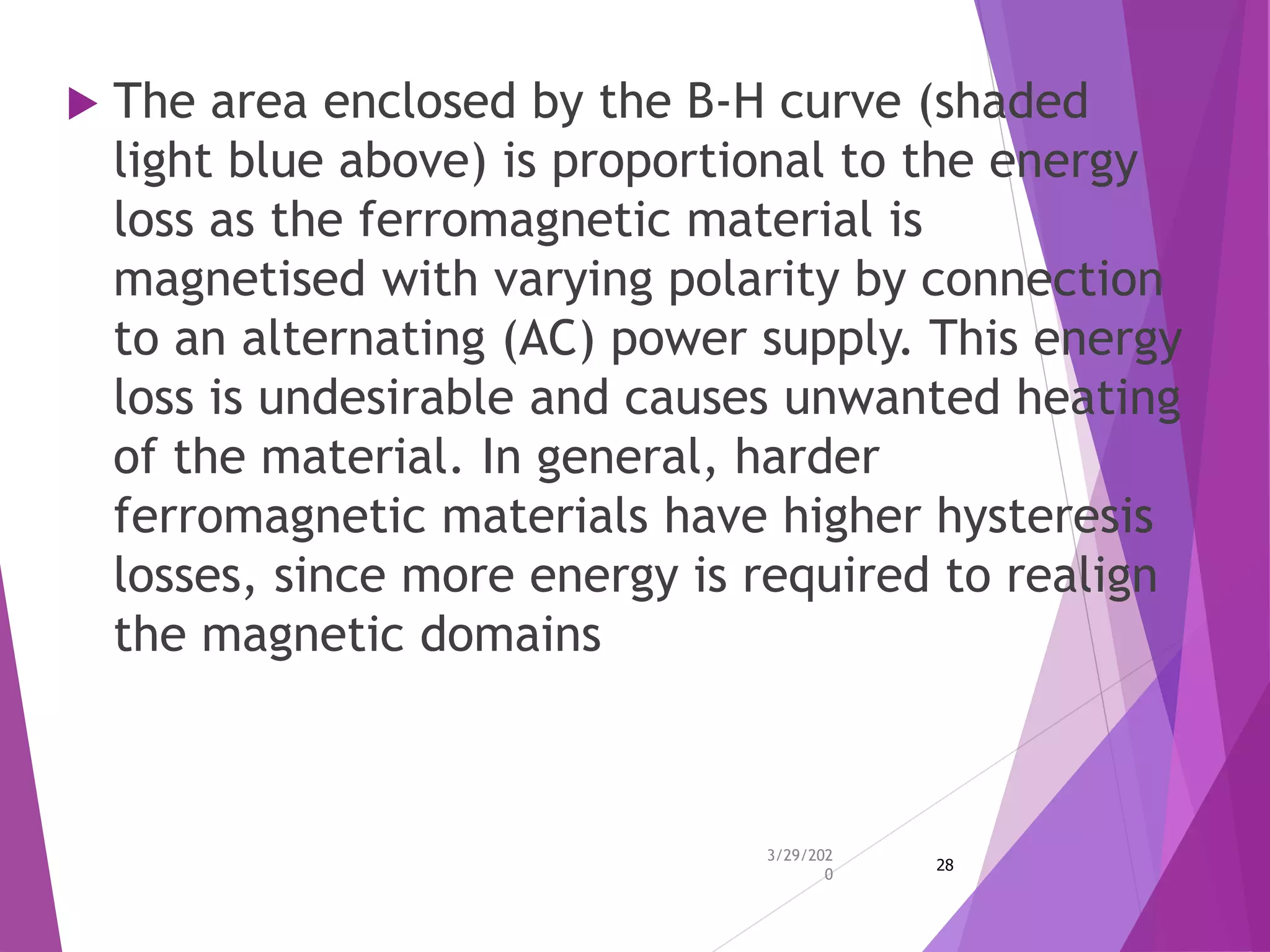  The area enclosed by the B-H curve (shaded
light blue above) is proportional to the energy
loss as the ferromagnetic material is
magnetised with varying polarity by connection
to an alternating (AC) power supply. This energy
loss is undesirable and causes unwanted heating
of the material. In general, harder
ferromagnetic materials have higher hysteresis
losses, since more energy is required to realign
the magnetic domains
3/29/202
0
28
 
