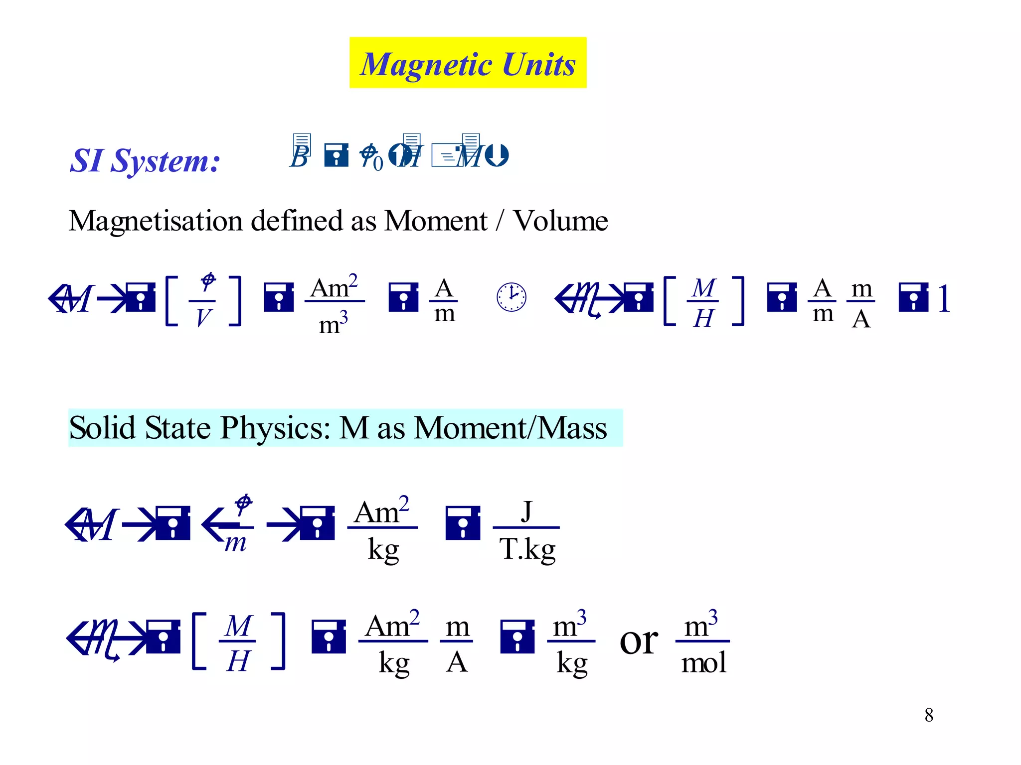 8
Magnetic Units
SI System:
M 
V
 Am2
m3
 A
m  e M
H
 A
m
m
A
1
Solid State Physics: M as Moment/Mass
Magnetisation defined as Moment / Volume
M

m  Am2
kg
 J
T.kg
e M
H
 Am2
kg
m
A
 m3
kg
or m3
mol
B 0H M
 