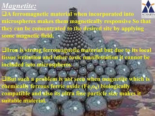 Magnetite:
A ferromagnetic material when incorporated into
microspheres makes them magnetically responsive So that
they can be concentrated to the desired site by applying
some magnetic field.

Iron is strong ferromagnetic material but due to its local
tissue irritation and other toxic manifestation it cannot be
included into microspheres.

But such a problem is not seen when magnetite which is
chemically ferrous ferric oxide (Fe3o4) biologically
compatible and also its ultra fine particle size makes it
suitable material.
                                                         9
 