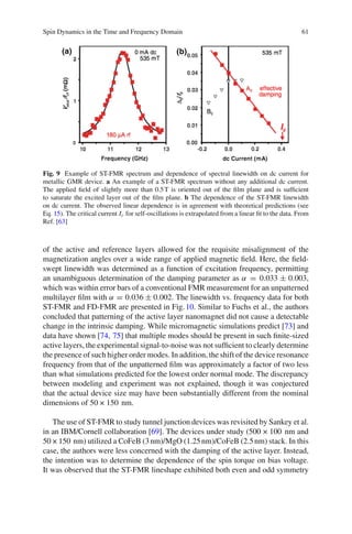 Spin Dynamics in the Time and Frequency Domain 61
(a) (b)
Fig. 9 Example of ST-FMR spectrum and dependence of spectral linewidth on dc current for
metallic GMR device. a An example of a ST-FMR spectrum without any additional dc current.
The applied ﬁeld of slightly more than 0.5T is oriented out of the ﬁlm plane and is sufﬁcient
to saturate the excited layer out of the ﬁlm plane. b The dependence of the ST-FMR linewidth
on dc current. The observed linear dependence is in agreement with theoretical predictions (see
Eq. 15). The critical current Ic for self-oscillations is extrapolated from a linear ﬁt to the data. From
Ref. [63]
of the active and reference layers allowed for the requisite misalignment of the
magnetization angles over a wide range of applied magnetic ﬁeld. Here, the ﬁeld-
swept linewidth was determined as a function of excitation frequency, permitting
an unambiguous determination of the damping parameter as α = 0.033 ± 0.003,
which was within error bars of a conventional FMR measurement for an unpatterned
multilayer ﬁlm with α = 0.036 ± 0.002. The linewidth vs. frequency data for both
ST-FMR and FD-FMR are presented in Fig.10. Similar to Fuchs et al., the authors
concluded that patterning of the active layer nanomagnet did not cause a detectable
change in the intrinsic damping. While micromagnetic simulations predict [73] and
data have shown [74, 75] that multiple modes should be present in such ﬁnite-sized
active layers, the experimental signal-to-noise was not sufﬁcient to clearly determine
the presence of such higher order modes. In addition, the shift of the device resonance
frequency from that of the unpatterned ﬁlm was approximately a factor of two less
than what simulations predicted for the lowest order normal mode. The discrepancy
between modeling and experiment was not explained, though it was conjectured
that the actual device size may have been substantially different from the nominal
dimensions of 50 × 150 nm.
The use of ST-FMR to study tunnel junction devices was revisited by Sankey et al.
in an IBM/Cornell collaboration [69]. The devices under study (500 × 100 nm and
50 × 150 nm) utilized a CoFeB (3nm)/MgO (1.25nm)/CoFeB (2.5nm) stack. In this
case, the authors were less concerned with the damping of the active layer. Instead,
the intention was to determine the dependence of the spin torque on bias voltage.
It was observed that the ST-FMR lineshape exhibited both even and odd symmetry
 
