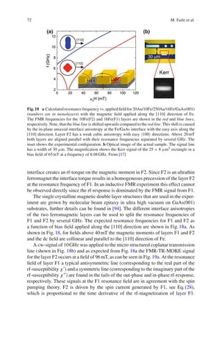72 M. Farle et al.
(a) (b)
Fig. 18 a Calculated resonance frequency vs. applied ﬁeld for 20Au/10Fe/250Au/16Fe/GaAs(001)
(numbers are in monolayers) with the magnetic ﬁeld applied along the [110] direction of Fe.
The FMR frequencies for the 10Fe(F2) and 16Fe(F1) layers are shown in the red and blue lines,
respectively. Note, that the blue line is shifted upwards compared to the red line. This shift is caused
by the in-plane uniaxial interface anisotropy at the Fe/GaAs interface with the easy axis along the
[110] direction. Layer F2 has a weak cubic anisotropy with easy 100 directions. Above 20mT
both layers are aligned parallel with their resonance frequencies separated by several GHz. The
inset shows the experimental conﬁguration. b Optical image of the actual sample. The signal line
has a width of 30 μm. The magniﬁcation shows the Kerr signal of the 25 × 8 μm2 rectangle in a
bias ﬁeld of 65mT at a frequency of 8.08GHz. From [17]
interface creates an rf-torque on the magnetic moment in F2. Since F2 is an ultrathin
ferromagnet the interface torque results in a homogeneous precession of the layer F2
at the resonance frequency of F1. In an inductive FMR experiment this effect cannot
be observed directly since the rf-response is dominated by the FMR signal from F1.
The single crystalline magnetic double layer structures that are used in the exper-
iment are grown by molecular beam epitaxy in ultra high vacuum on GaAs(001)
substrates, further details can be found in [94]. The different interface anisotropies
of the two ferromagnetic layers can be used to split the resonance frequencies of
F1 and F2 by several GHz. The expected resonance frequencies for F1 and F2 as
a function of bias ﬁeld applied along the [110] direction are shown in Fig.18a. As
shown in Fig.18, for ﬁelds above 40mT the magnetic moments of layers F1 and F2
and the dc ﬁeld are collinear and parallel to the [110] direction of Fe.
A cw-signal of 10GHz was applied to the micro structured coplanar transmission
line (shown in Fig. 18b) and as expected from Fig.18a the FMR-TR-MOKE signal
for the layer F2 occurs at a ﬁeld of 96mT, as can be seen in Fig.19a. At the resonance
ﬁeld of layer F1 a typical antisymmetric line (corresponding to the real part of the
rf-susceptibility χ ) and a symmetric line (corresponding to the imaginary part of the
rf-susceptibility χ ) are found in the tails of the out-phase and in-phase rf-response,
respectively. These signals at the F1 resonance ﬁeld are in agreement with the spin
pumping theory. F2 is driven by the spin current generated by F1, see Eq.(28),
which is proportional to the time derivative of the rf-magnetization of layer F1.
 