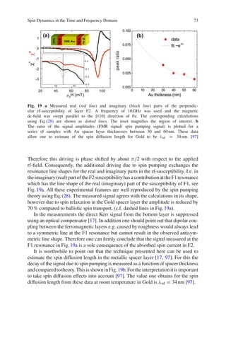Spin Dynamics in the Time and Frequency Domain 73
(a) (b)
Fig. 19 a Measured real (red line) and imaginary (black line) parts of the perpendic-
ular rf-susceptibility of layer F2. A frequency of 10GHz was used and the magnetic
dc-ﬁeld was swept parallel to the [110] direction of Fe. The corresponding calculations
using Eq.(28) are shown as dotted lines. The inset magniﬁes the region of interest. b
The ratio of the signal amplitudes (FMR signal/ spin pumping signal) is plotted for a
series of samples with Au spacer layer thicknesses between 30 and 60nm. These data
allow one to estimate of the spin diffusion length for Gold to be λsd = 34nm. [97]
Therefore this driving is phase shifted by about π/2 with respect to the applied
rf-ﬁeld. Consequently, the additional driving due to spin pumping exchanges the
resonance line shapes for the real and imaginary parts in the rf-susceptibility. I.e. in
the imaginary (real) part of the F2 susceptibility has a contribution at the F1 resonance
which has the line shape of the real (imaginary) part of the susceptibility of F1, see
Fig.19a. All these experimental features are well reproduced by the spin pumping
theory using Eq.(28). The measured signal agrees with the calculations in its shape,
however due to spin relaxation in the Gold spacer layer the amplitude is reduced by
70 % compared to ballistic spin transport, (c.f. dashed lines in Fig.19a).
In the measurements the direct Kerr signal from the bottom layer is suppressed
using an optical compensator [17]. In addition one should point out that dipolar cou-
pling between the ferromagnetic layers e.g. caused by roughness would always lead
to a symmetric line at the F1 resonance but cannot result in the observed antisym-
metric line shape. Therefore one can ﬁrmly conclude that the signal measured at the
F1 resonance in Fig.19a is a sole consequence of the absorbed spin current in F2.
It is worthwhile to point out that the technique presented here can be used to
estimate the spin diffusion length in the metallic spacer layer [17, 97]. For this the
decay of the signal due to spin pumping is measured as a function of spacer thickness
andcomparedtotheory.ThisisshowninFig.19b.Fortheinterpretationitisimportant
to take spin diffusion effects into account [97]. The value one obtains for the spin
diffusion length from these data at room temperature in Gold is λsd = 34nm [97].
 