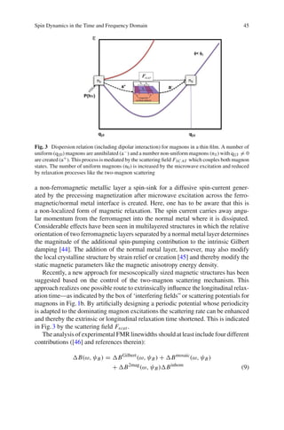 Spin Dynamics in the Time and Frequency Domain 45
Fig. 3 Dispersion relation (including dipolar interaction) for magnons in a thin ﬁlm. A number of
uniform (q||0) magnons are annihilated (a−) and a number non-uniform magnons (nS) with q||S = 0
are created (a+). This process is mediated by the scattering ﬁeld FSC AT which couples both magnon
states. The number of uniform magnons (n0) is increased by the microwave excitation and reduced
by relaxation processes like the two-magnon scattering
a non-ferromagnetic metallic layer a spin-sink for a diffusive spin-current gener-
ated by the precessing magnetization after microwave excitation across the ferro-
magnetic/normal metal interface is created. Here, one has to be aware that this is
a non-localized form of magnetic relaxation. The spin current carries away angu-
lar momentum from the ferromagnet into the normal metal where it is dissipated.
Considerable effects have been seen in multilayered structures in which the relative
orientation of two ferromagnetic layers separated by a normal metal layer determines
the magnitude of the additional spin-pumping contribution to the intrinsic Gilbert
damping [44]. The addition of the normal metal layer, however, may also modify
the local crystalline structure by strain relief or creation [45] and thereby modify the
static magnetic parameters like the magnetic anisotropy energy density.
Recently, a new approach for mesoscopically sized magnetic structures has been
suggested based on the control of the two-magnon scattering mechanism. This
approach realizes one possible route to extrinsically inﬂuence the longitudinal relax-
ation time—as indicated by the box of ‘interfering ﬁelds” or scattering potentials for
magnons in Fig.1b. By artiﬁcially designing a periodic potential whose periodicity
is adapted to the dominating magnon excitations the scattering rate can be enhanced
and thereby the extrinsic or longitudinal relaxation time shortened. This is indicated
in Fig.3 by the scattering ﬁeld Fscat .
The analysis of experimental FMR linewidths should at least include four different
contributions ([46] and references therein):
B(ω, ψB) = BGilbert
(ω, ψB) + Bmosaic
(ω, ψB)
+ B2mag
(ω, ψB) Binhom
(9)
 