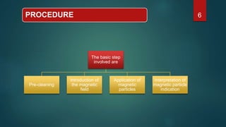 PROCEDURE
The basic step
involved are
Pre-cleaning
Introduction of
the magnetic
field
Application of
magnetic
particles
Interpretation of
magnetic particle
indication
6
 