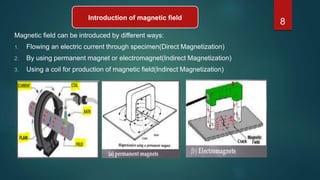 Introduction of magnetic field
Magnetic field can be introduced by different ways:
1. Flowing an electric current through specimen(Direct Magnetization)
2. By using permanent magnet or electromagnet(Indirect Magnetization)
3. Using a coil for production of magnetic field(Indirect Magnetization)
8
 