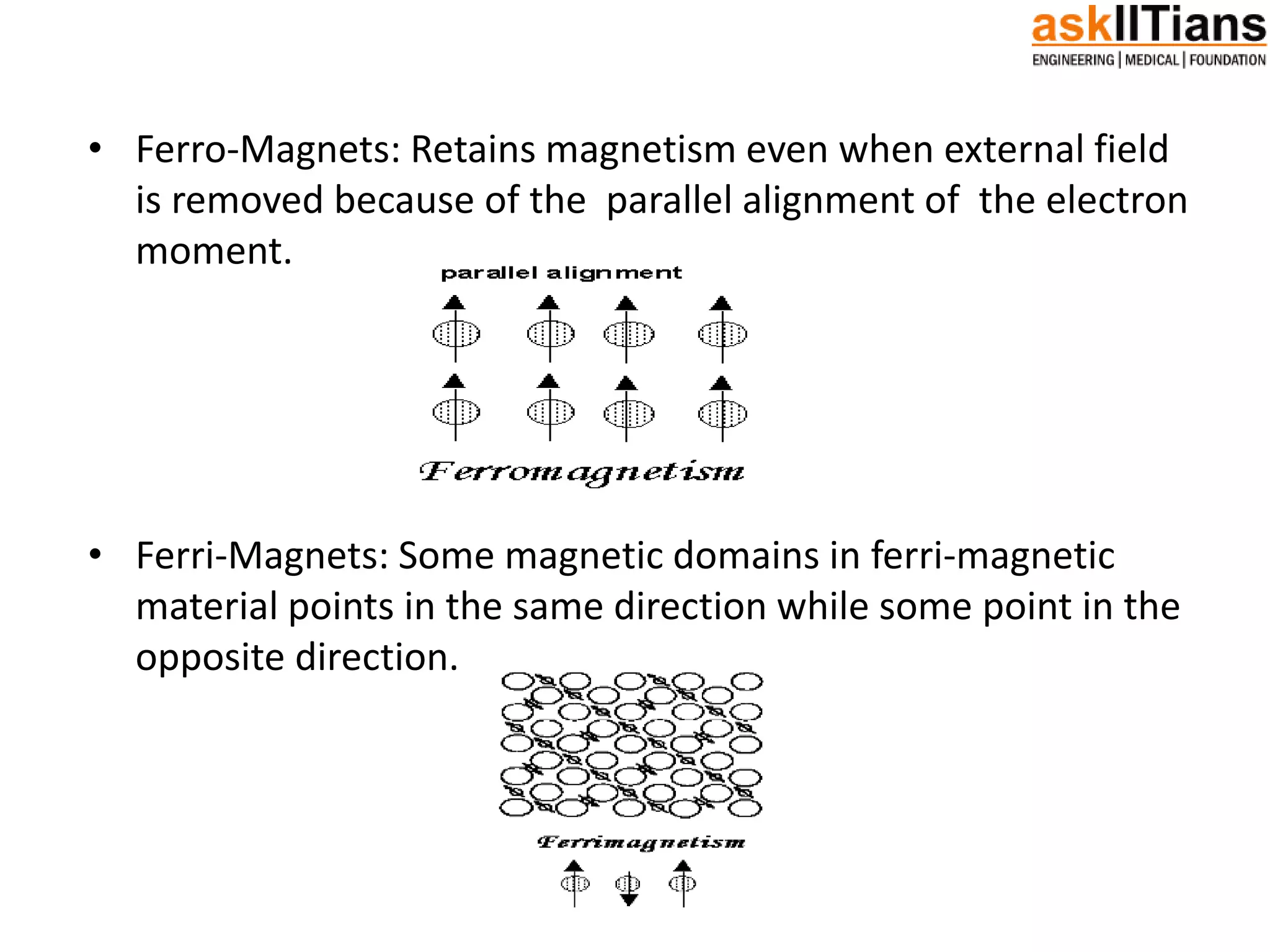 • Ferro-Magnets: Retains magnetism even when external field
is removed because of the parallel alignment of the electron
moment.
• Ferri-Magnets: Some magnetic domains in ferri-magnetic
material points in the same direction while some point in the
opposite direction.
 