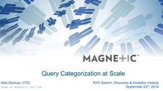 Query Categorization at Scale 
NYC Search, Discovery & Analytics meetup 
September 23rd, 2014 
Alex Dorman, CTO 
alex at magnetic dot com 
 