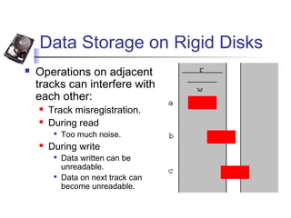 Data Storage on Rigid Disks
 Operations on adjacent
tracks can interfere with
each other:
 Track misregistration.
 During read

Too much noise.
 During write

Data written can be
unreadable.

Data on next track can
become unreadable.
 