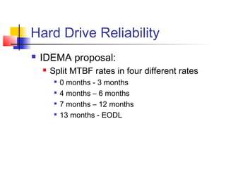 Hard Drive Reliability
 IDEMA proposal:
 Split MTBF rates in four different rates

0 months - 3 months

4 months – 6 months

7 months – 12 months

13 months - EODL
 
