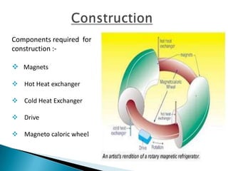 Components required for
construction :-
 Magnets
 Hot Heat exchanger
 Cold Heat Exchanger
 Drive
 Magneto caloric wheel
 