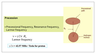 Precession
• Precessional frequency, Resonance frequency,
Larmor frequency
n = g/2p Bo
Larmor frequency
g/2p = 42.57 MHz / Tesla for proton
 