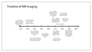 Timeline of MR Imaging
1920 1930 1940 1950 1960 1970 1980 1990 2000
1924 - Pauli
suggests that nuclear
particles may have
angular momentum
(spin).
1937 – Rabi measures
magnetic moment of
nucleus. Coins
“magnetic resonance”.
1946 – Purcell shows
that matter absorbs
energy at a resonant
frequency.
1946 – Bloch demonstrates
that nuclear precession can be
measured in detector coils.
1972 – Damadian
patents idea for large
NMR scanner to
detect malignant
tissue.
1959 – Singer
measures blood flow
using NMR (in
mice).
1973 – Lauterbur
publishes method for
generating images
using NMR gradients.
1973 – Mansfield
independently
publishes gradient
approach to MR.
1975 – Ernst
develops 2D-Fourier
transform for MR.
NMR renamed MRI
MRI scanners
become clinically
prevalent.
1990 – Ogawa and
colleagues create
functional images
using endogenous,
blood-oxygenation
contrast.
1985 – Insurance
reimbursements for
MRI exams begin.
 
