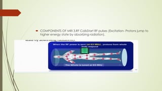  COMPONENTS OF MRI 3.RF CoilsStart RF pulses (Excitation- Protons jump to
higher energy state by absorbing radiation).
 