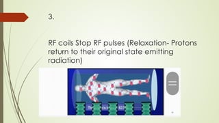 3.
RF coils Stop RF pulses (Relaxation- Protons
return to their original state emitting
radiation)
 