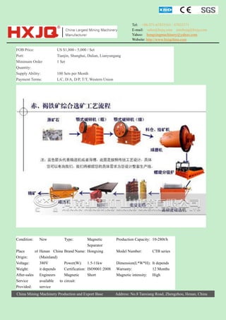 Tel: +86-371-67833161 / 67833171
E-mail: sales@hxjq.com sinohxjq@hxjq.com
Yahoo: hongxingmachinery@yahoo.com
Website: http://www.hxjqchina.com

FOB Price:
Port:
Minimum Order
Quantity:
Supply Ability:
Payment Terms:

Condition:

New

US $1,800 - 5,000 / Set
Tianjin, Shanghai, Dalian, Lianyungang
1 Set
100 Sets per Month
L/C, D/A, D/P, T/T, Western Union

Type:

Magnetic
Separator
Place
of Henan China Brand Name: Hongxing
Origin:
(Mainland)
Voltage:
380V
Power(W): 1.5-11kw
Weight:
it depends
Certification: ISO9001:2008
After-sales Engineers
Magnetic
Short
Service
available
to circuit:
Provided:
service

Production Capacity: 10-280t/h

China Mining Machinery Production and Export Base

Address: No.8 Tanxiang Road, Zhengzhou, Henan, China

Model Number:

CTB series

Dimension(L*W*H): It depends
Warranty:
12 Months
Magnetic intensity: High

 