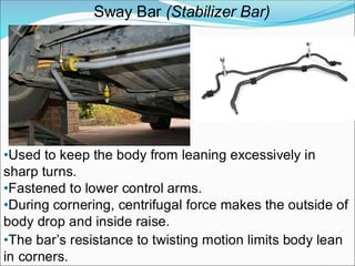Sway Bar (Stabilizer Bar)
•Used to keep the body from leaning excessively in
sharp turns.
•Fastened to lower control arms.
•During cornering, centrifugal force makes the outside of
body drop and inside raise.
•The bar’s resistance to twisting motion limits body lean
in corners.
 