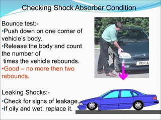 Checking Shock Absorber Condition
Bounce test:-
•Push down on one corner of
vehicle’s body.
•Release the body and count
the number of
times the vehicle rebounds.
•Good – no more then two
rebounds.
Leaking Shocks:-
•Check for signs of leakage.
•If oily and wet, replace it.
 