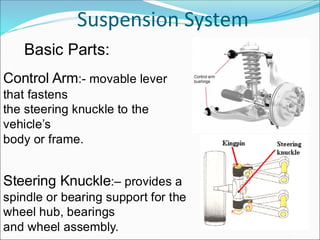 Suspension System
Basic Parts:
Control Arm:- movable lever
that fastens
the steering knuckle to the
vehicle’s
body or frame.
Steering Knuckle:– provides a
spindle or bearing support for the
wheel hub, bearings
and wheel assembly.
 