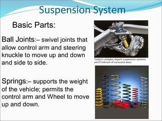 Suspension System
Ball Joints:– swivel joints that
allow control arm and steering
knuckle to move up and down
and side to side.
Springs:– supports the weight
of the vehicle; permits the
control arm and Wheel to move
up and down.
Basic Parts:
 