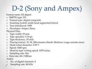 D-2 (Sony and Ampex)
Format name: D2 digital
o SMPTE type: D2
o Format type: digital composite
o Scanning system: multi head segmented helical
o Year introduced: 1989
o Developer: Ampex /Sony
Physical Data
o Tape width: 19 mm
o Tape speed(s): 5.19 ips
o Tape thickness: .55 mils
o Playing time(s): 32, 94, 208 minutes (Small, Medium, Large cassette sizes)
o Head wheel diameter: 2.95”1
o Speed: 5400 rpm
o Head-to-tape writing speed: 1078 in/sec.
o Sampling rate: 4fsc
o Data rate: 60.1 MB/sec
Audio:
o No. of digital channels: 4
o Sampling rate: 48 kHz
 