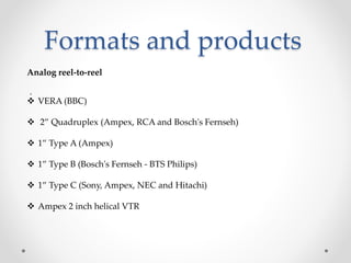 Formats and products
.
Analog reel-to-reel
 VERA (BBC)
 2” Quadruplex (Ampex, RCA and Bosch's Fernseh)
 1” Type A (Ampex)
 1” Type B (Bosch's Fernseh - BTS Philips)
 1” Type C (Sony, Ampex, NEC and Hitachi)
 Ampex 2 inch helical VTR
 